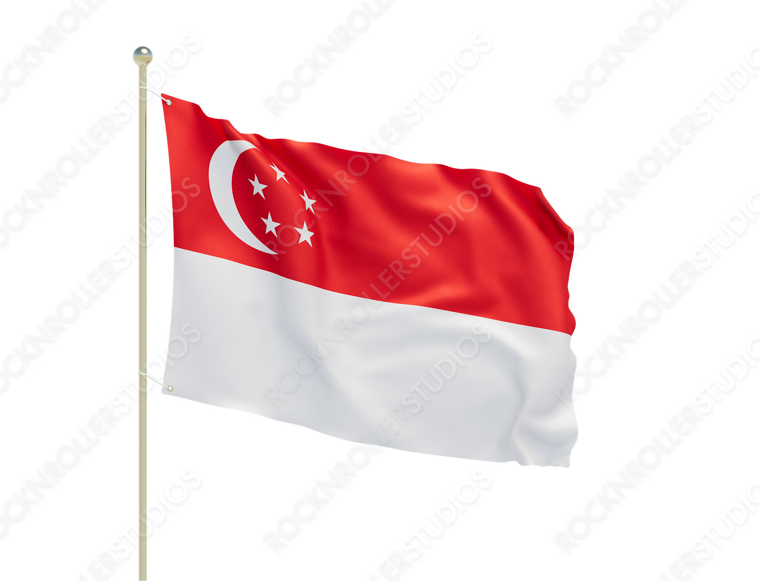 Waving Singapore Flag on Pole: Red with Crescent Moon & Stars Symbolizing Unity and Progress. Transparent PNG