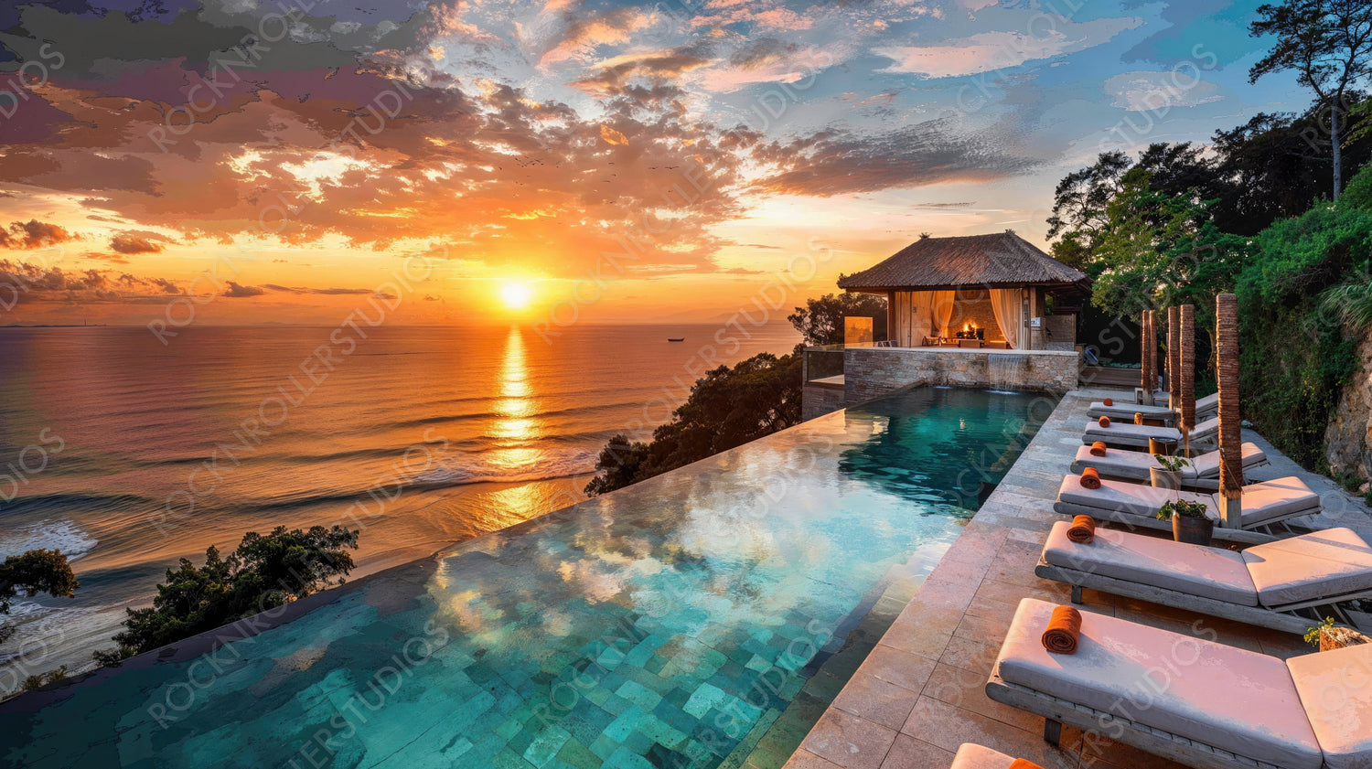 Luxurious Sunset Overlooking Infinity Pool and Ocean View