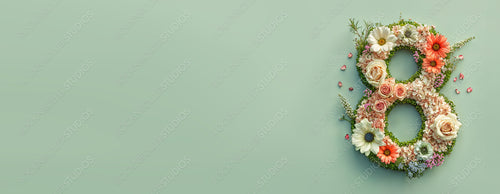 Premium Botanical Banner to Celebrate International Woman's Day. Green Floral Design with Number 8, Flowers and Caption.