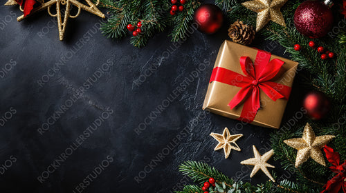 Christmas Gift Boxes with Red Ribbons, Pinecones, and Gold Stars on Black Background