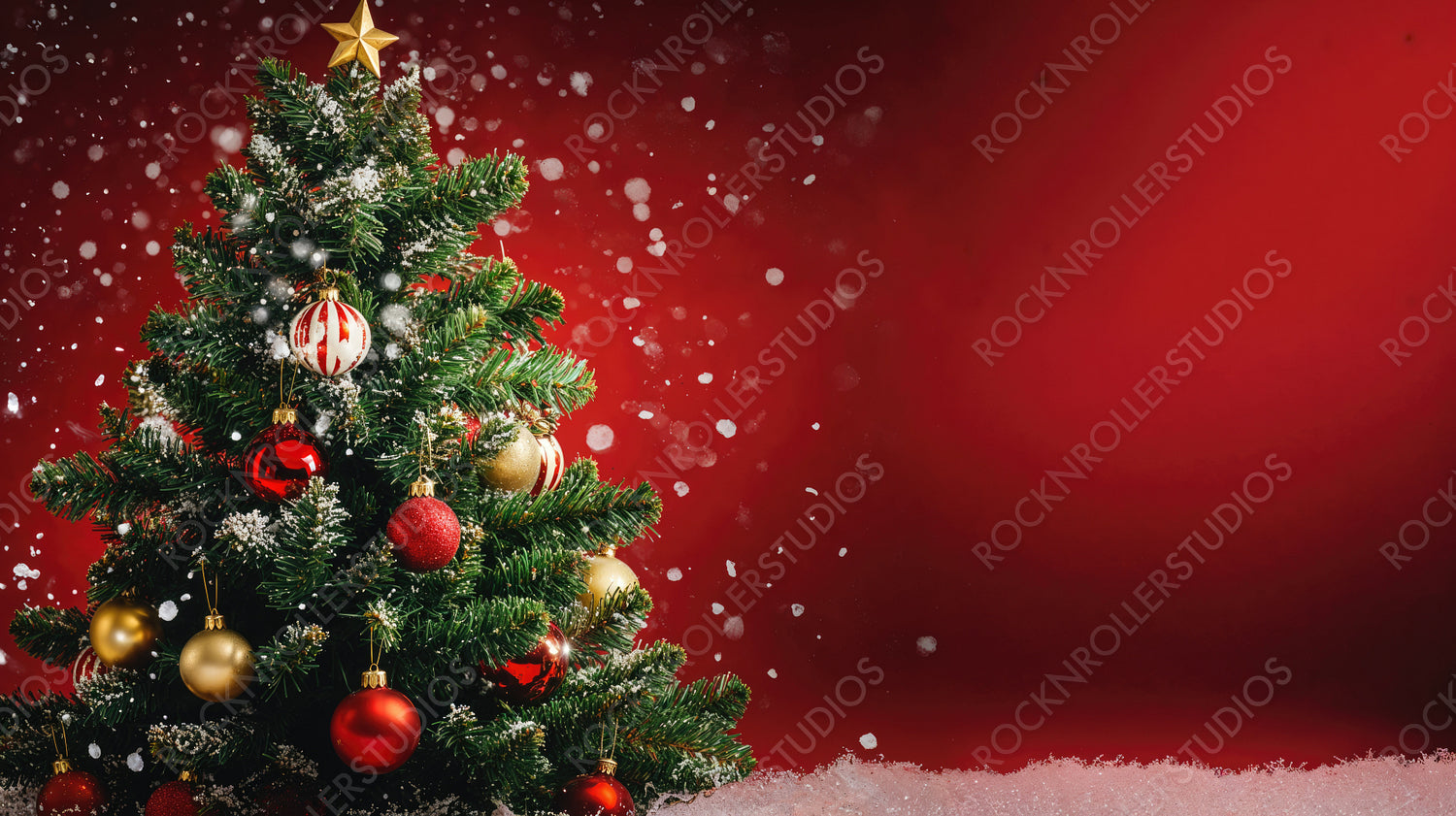 Classic Christmas Tree with Red Ornaments and Golden Lights against Red Snowy Backdrop