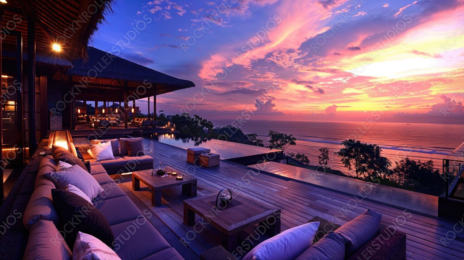 Elegant Sunset Poolside Lounge - Ocean View, Relaxing Atmosphere, Tropical Paradise