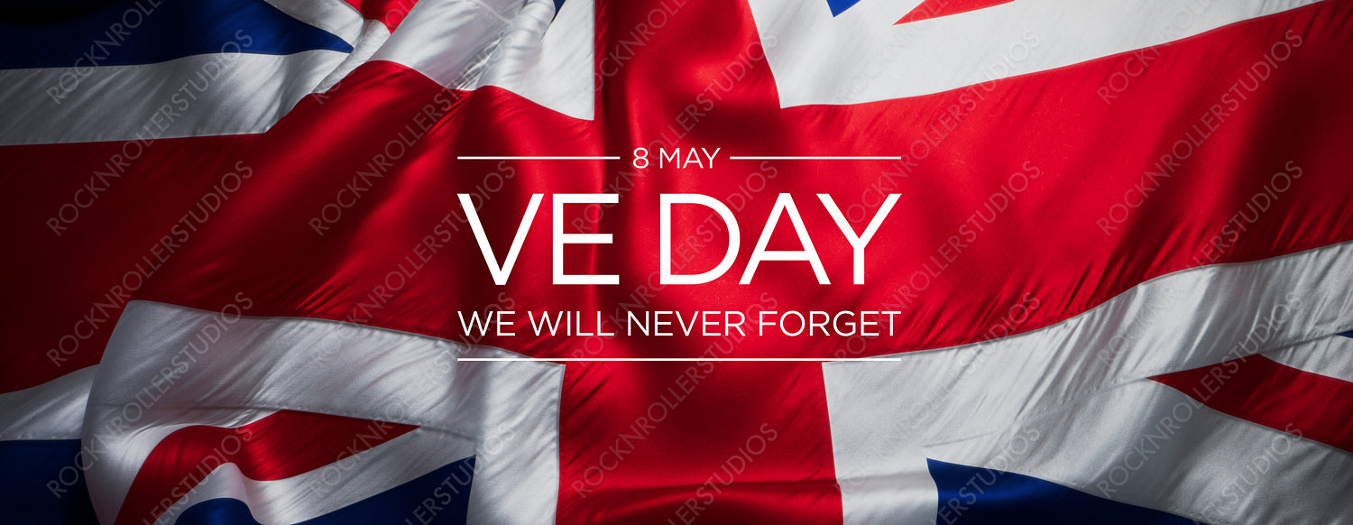 Vibrant Union Jack with VE Day Tribute ‚Äî 'We Will Never Forget' Commemoration