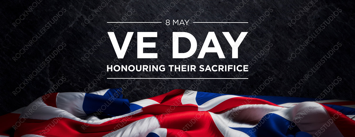 VE Day Tribute: 'Honouring Their Sacrifice' with Union Jack on Dark Textured Background