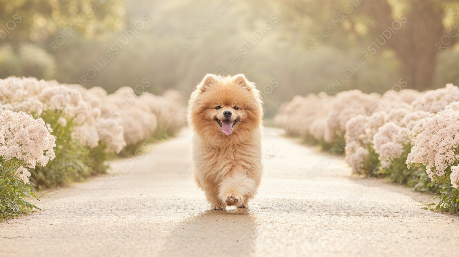 Joyful Pomeranian on a Sunny Stroll Amongst Flowering Bushes