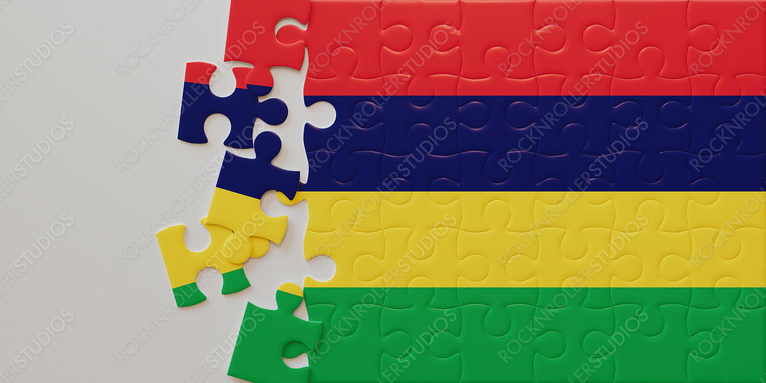 Nearly Complete: Colorful Mauritius Flag as a Jigsaw Puzzle Symbolizing Unity and Diversity