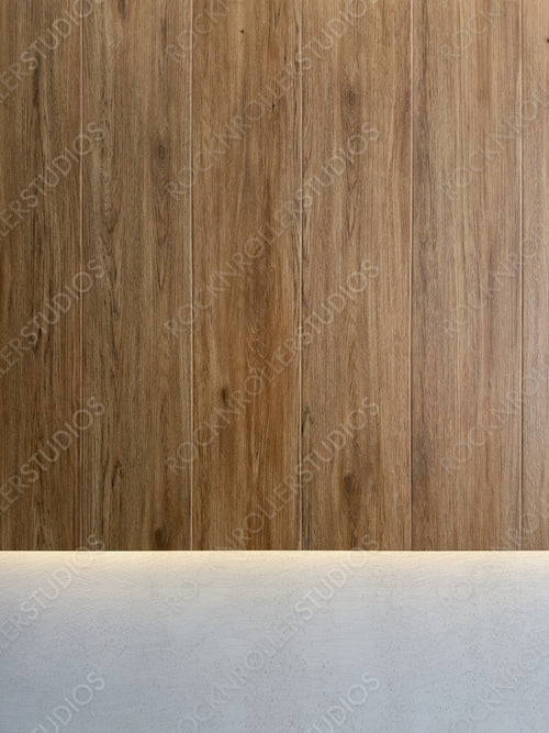Stylish Wooden Wall Paneling with Concrete Base and Ambient Lighting