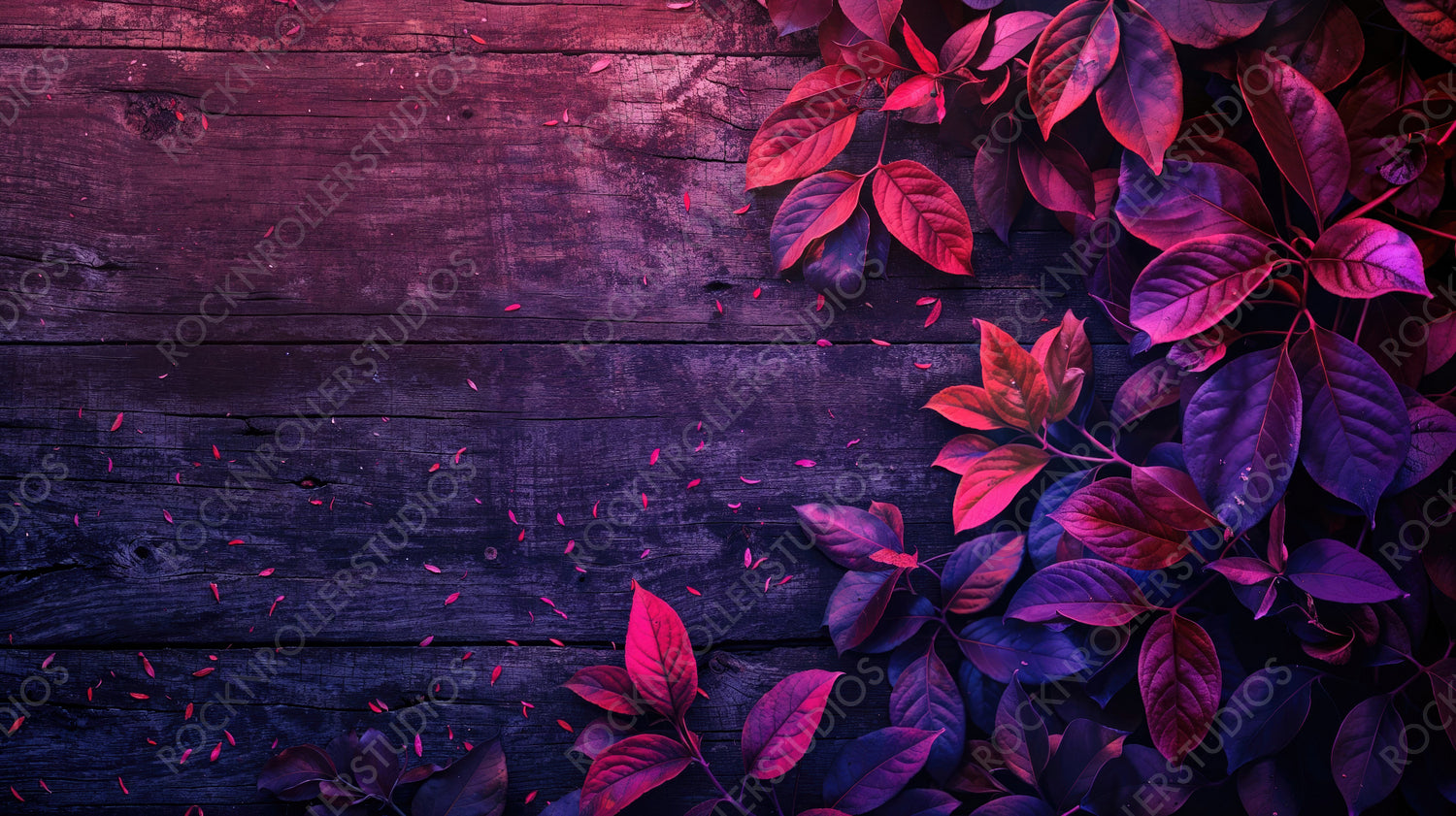 Purple and Red Leaves on Rustic Wooden Surface with Moody Lighting