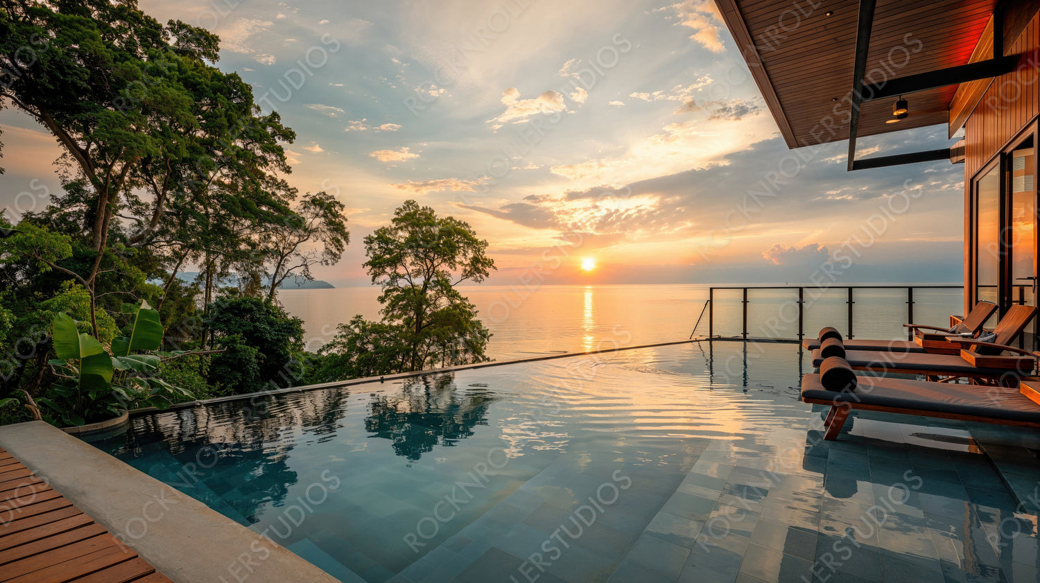 Modern Villa Pool with Ocean Sunset - Tropical Getaway, Luxurious Escape, Scenic Horizon