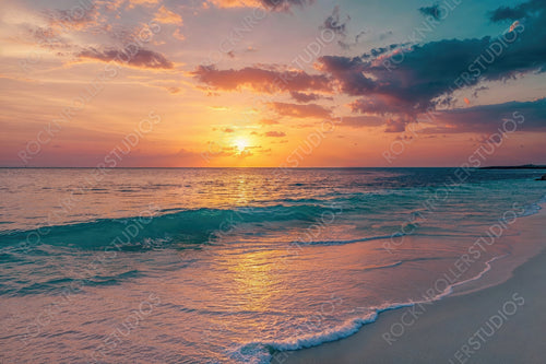 Wanderlust banner with Fantastic Sunset Beach in Mexico. Paradise Holiday Scene.