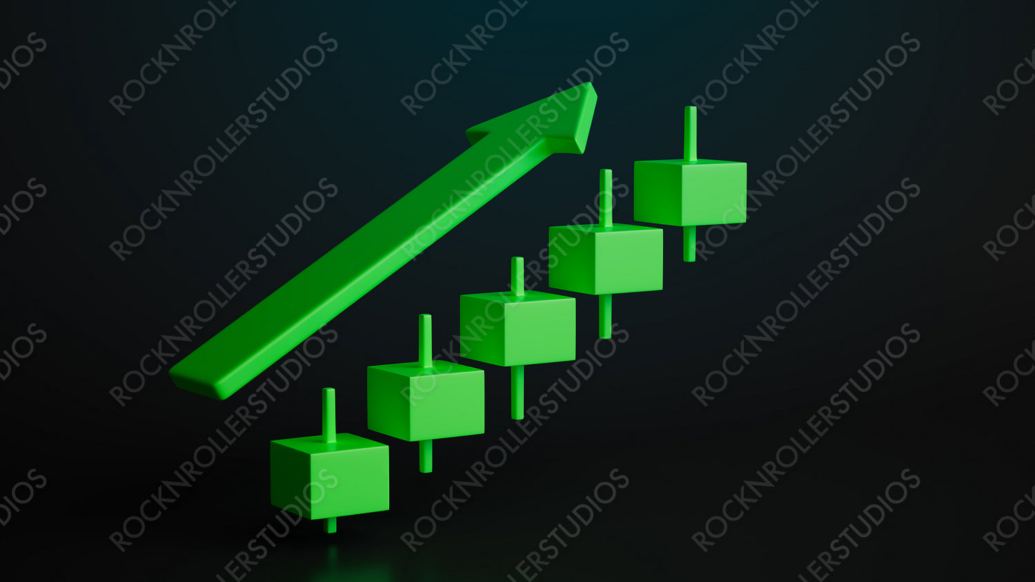 Sleek 3D Bull Market Concept: Rising Green Bars and Upward Arrow on Dark Background