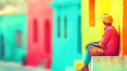 Vibrant City Serenity: Man in Traditional Attire by Colorfully Painted Buildings