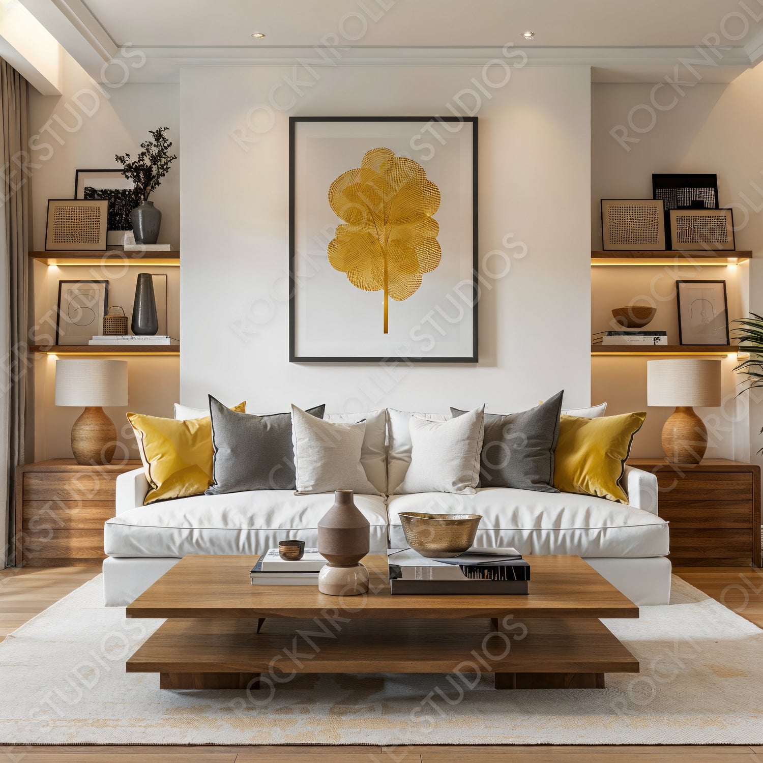 Chic Modern Living Room with Elegant Gold and Gray Accents, Natural Light, and Artistic Decor
