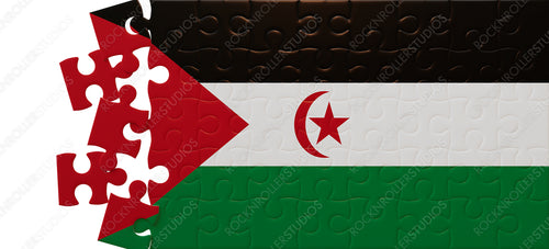 Western Sahara Flag Puzzle: Sahrawi Emblem with Detached Pieces Revealing Red Underlayer