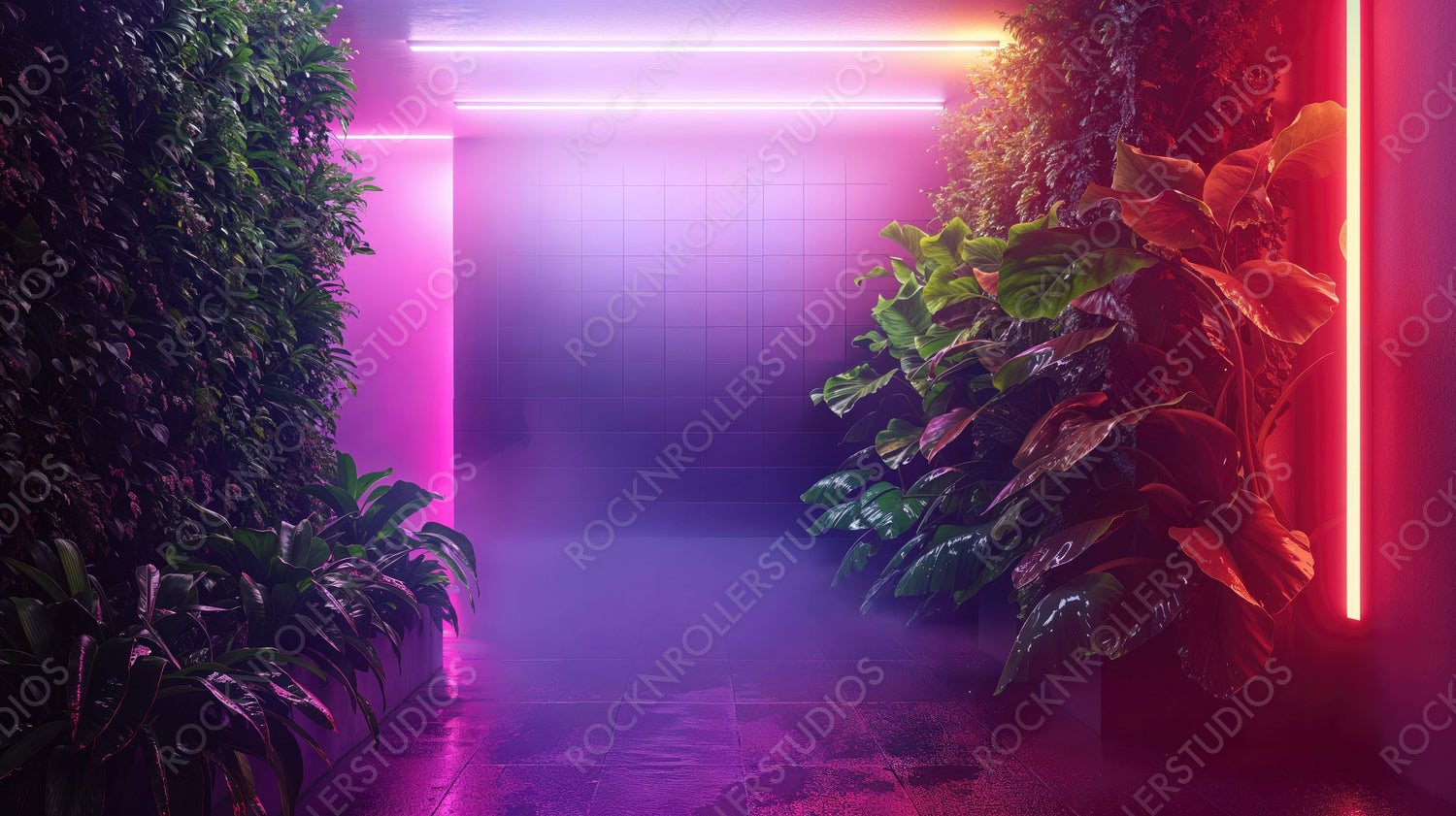 Neon Jungle Corridor with Lush Greenery and Vibrant Lighting