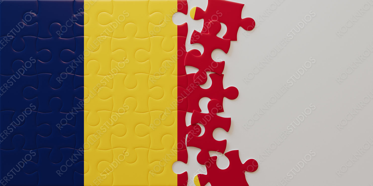 Chad Flag Reimagined: Colorful Jigsaw Puzzle with Interlocking Pieces in Blue, Yellow, and Red