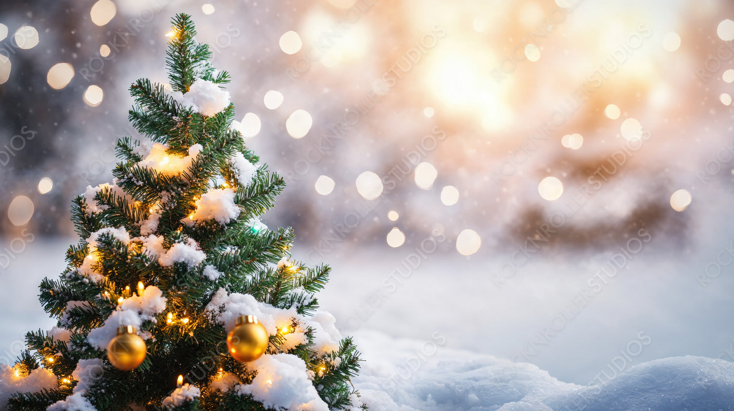 Festive Christmas Tree with Golden Ornaments in a Snowy Winter Wonderland