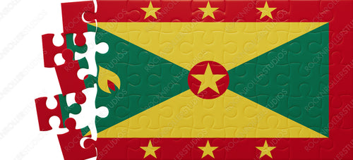 Partial Puzzle of Grenada's Flag: Vivid Red, Yellow, and Green with Stars and Emblem