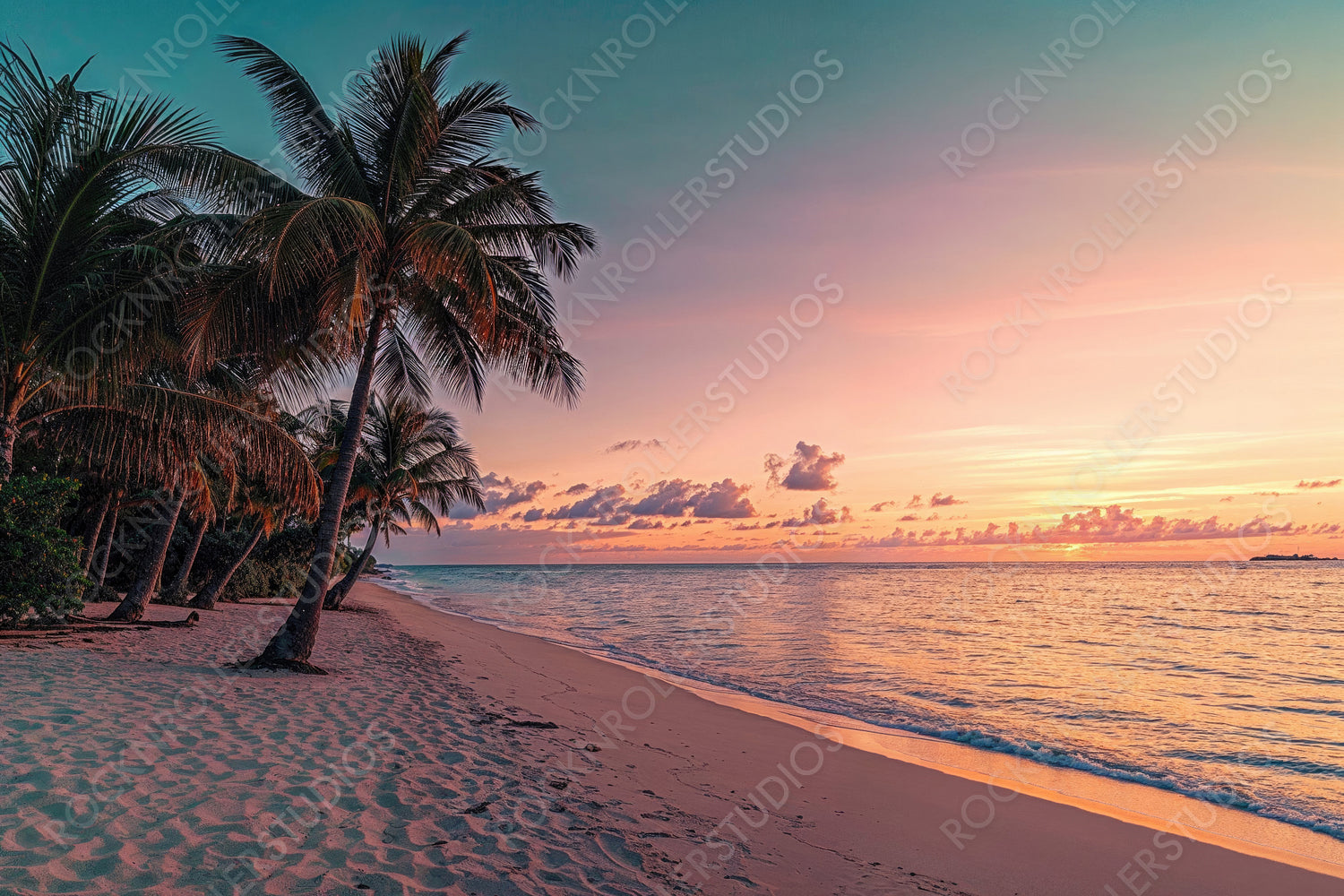 Stunning Sunset Beach in Fiji. Paradise Honeymoon Landscape. Serenity concept.