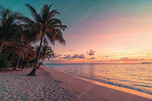 Stunning Sunset Beach in Fiji. Paradise Honeymoon Landscape. Serenity concept.