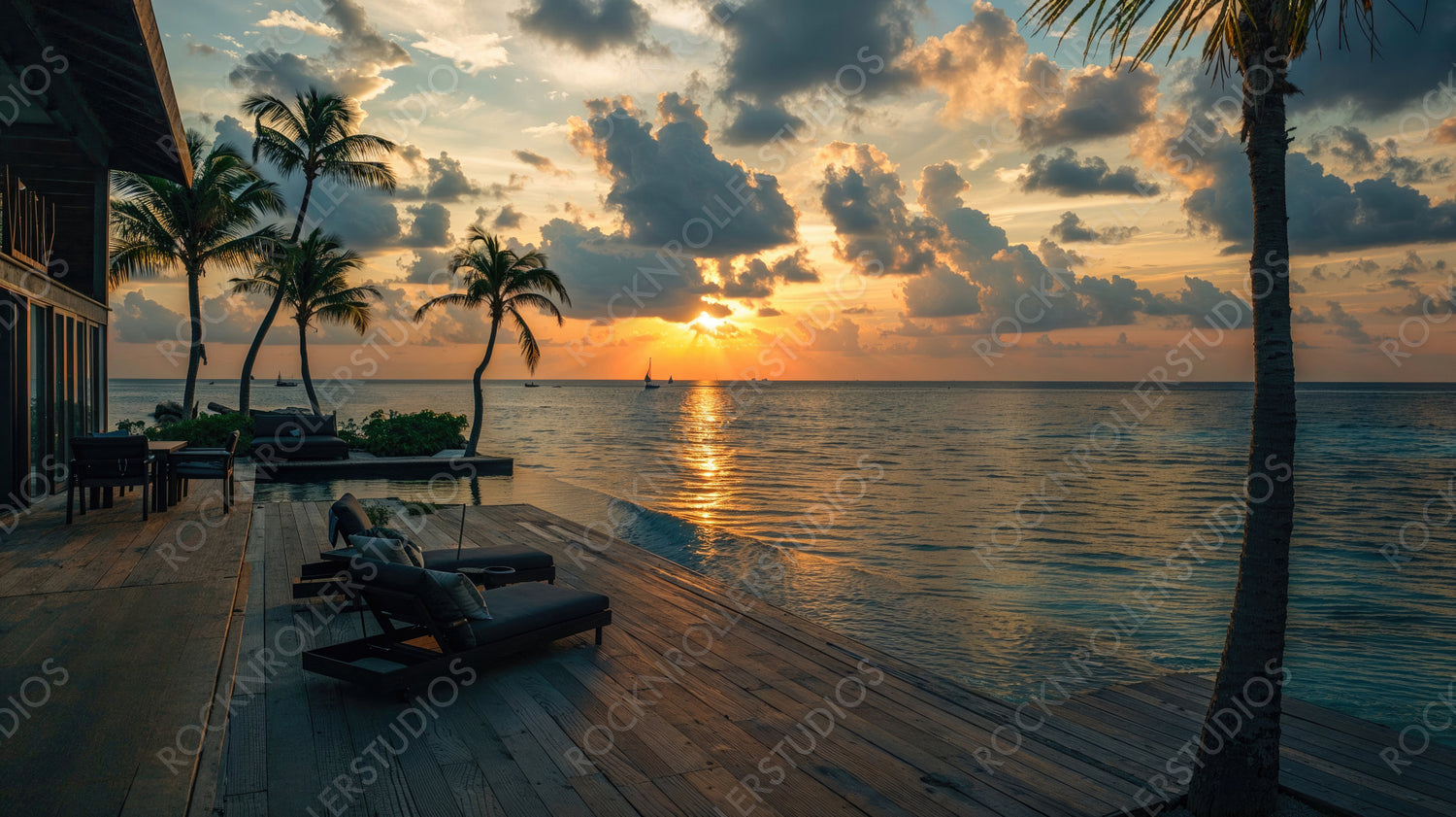 Tropical Beachfront Villa at Sunset - Palm Trees, Serene Retreat, Coastal Beauty
