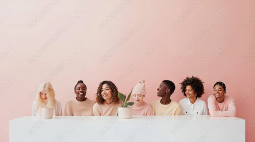 Diverse Group of Friends Smiling and Enjoying Time Together in Bright Pastel Room