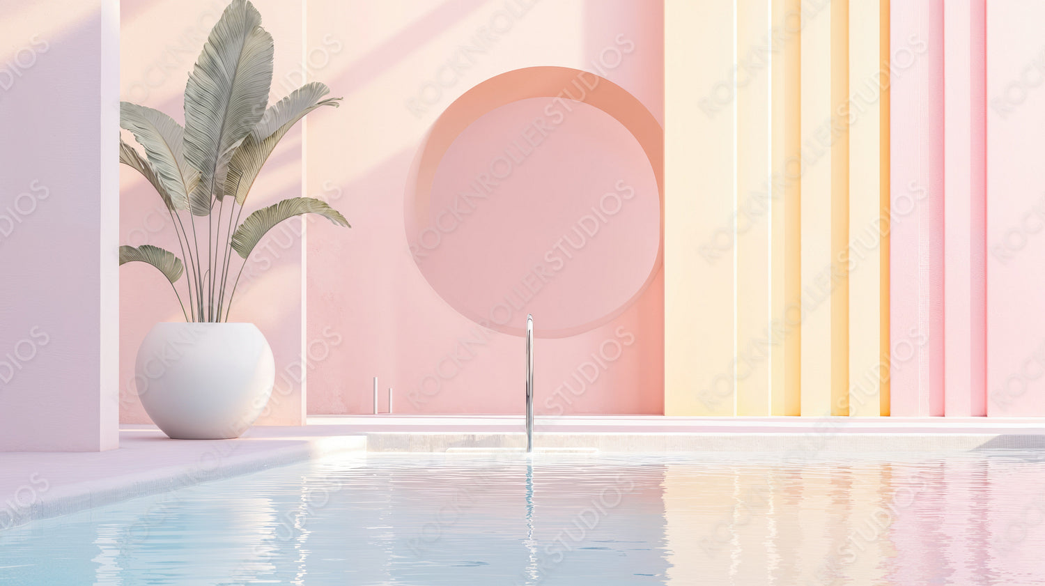 Serene Modern Oasis: Minimalist Architecture with Pastel Tones and Tropical Foliage