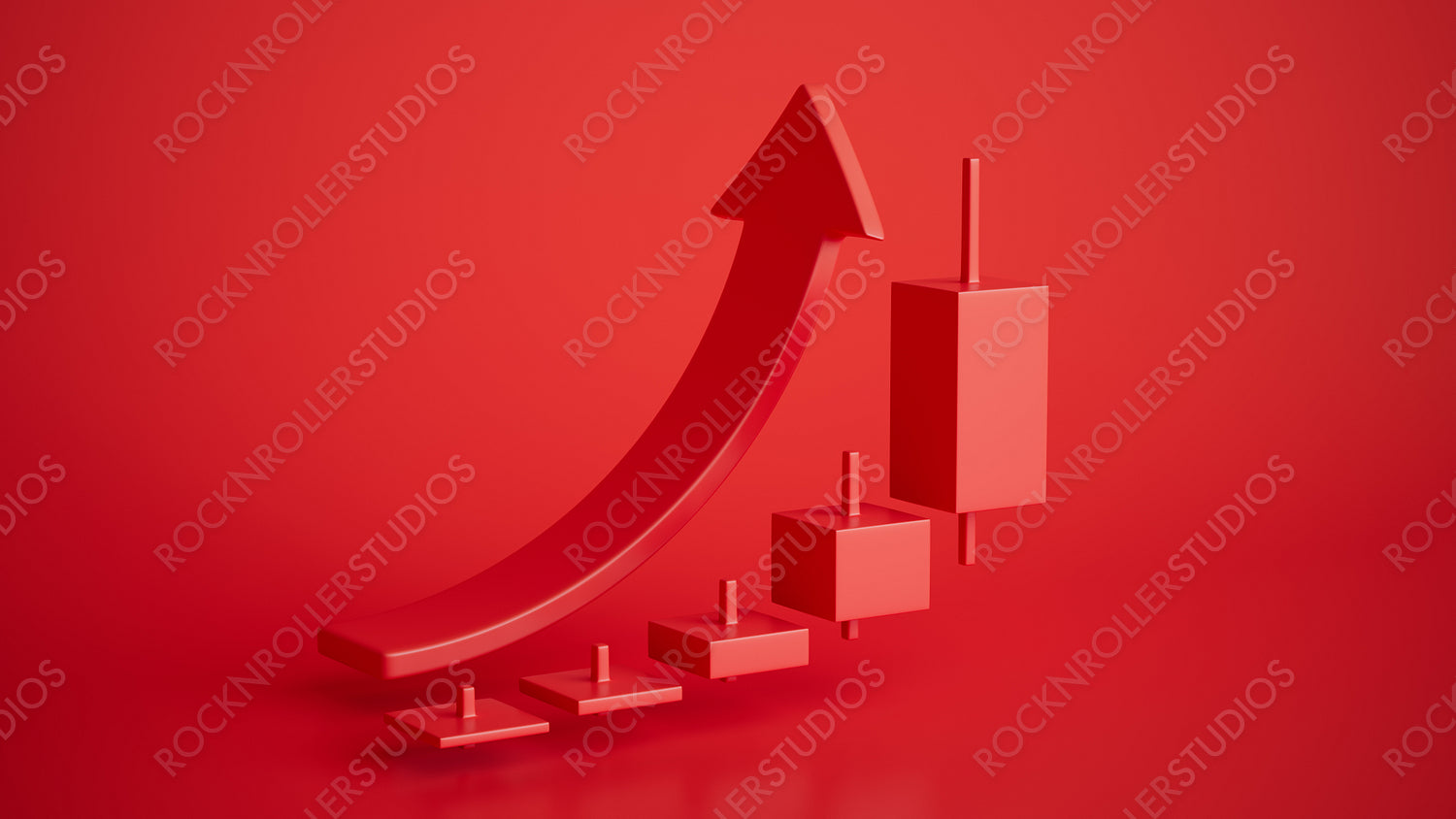 Dynamic 3D Red Arrows and Cubes Illustrating Growth on a Minimalist Background