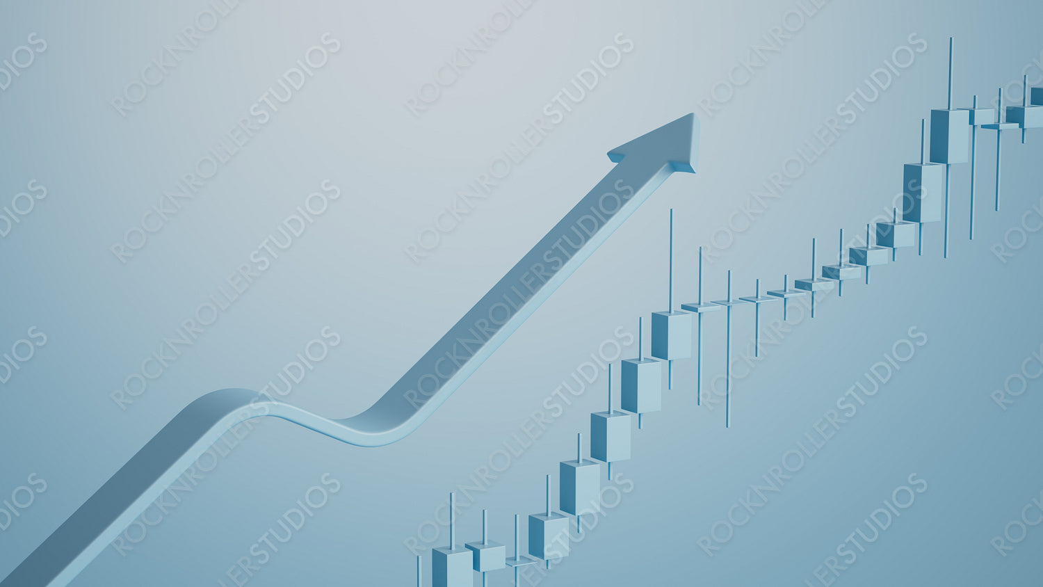 Modern Financial Growth Chart with Rising Arrow and Market Candles in Blue Tones