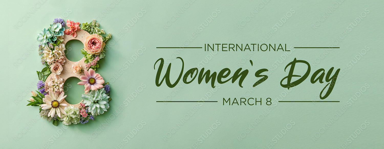 Lovely Botanical Banner to Celebrate International Woman's Day. Green Floral Design with Number 8, Flowers and Caption.