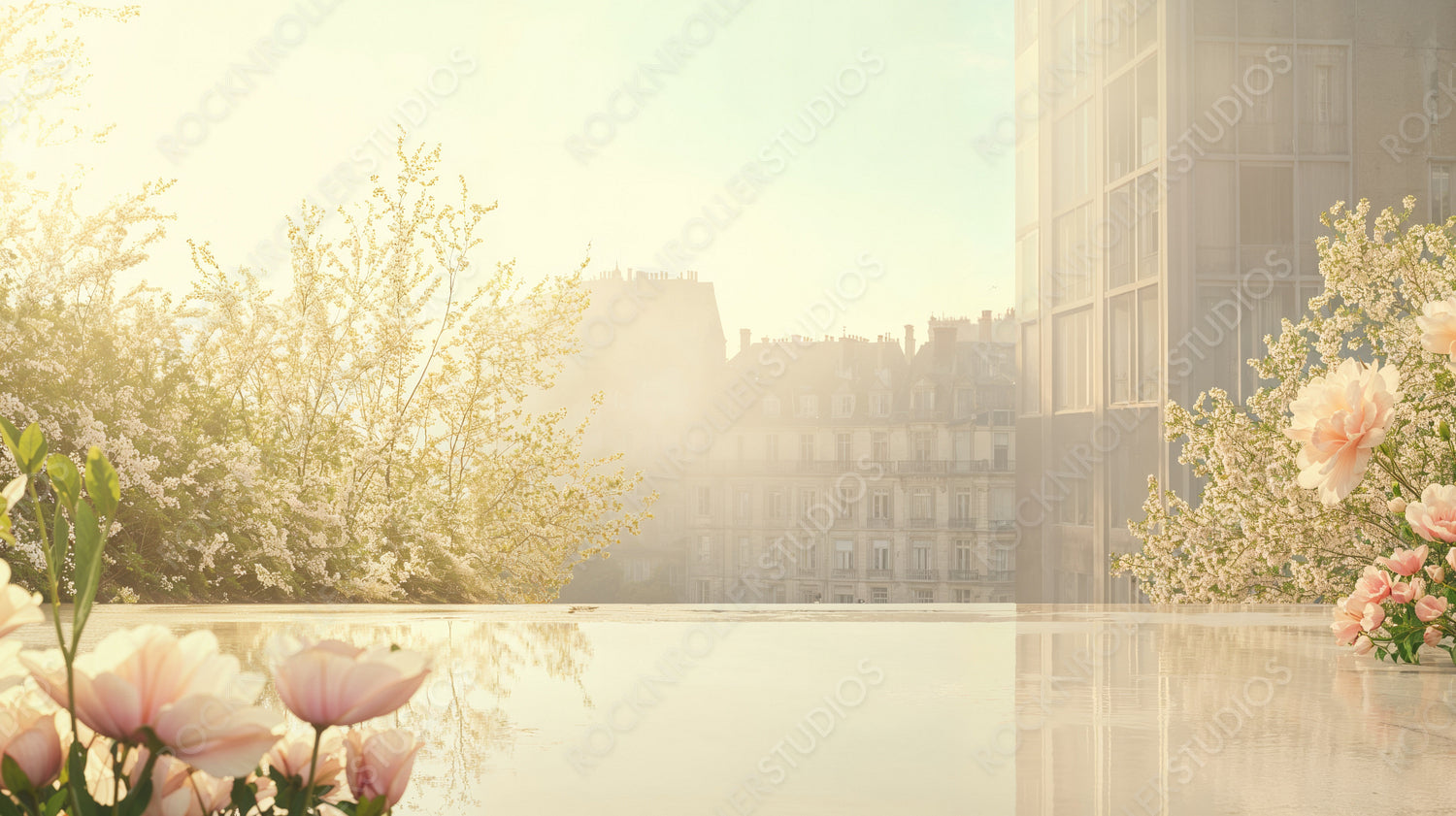 Spring in the City: Blossoming Trees and Modern Architecture Merge in a Tranquil Urban Oasis