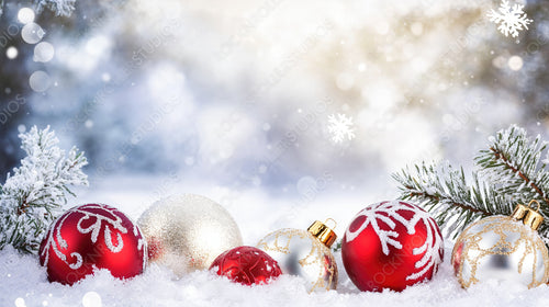 Snow-Covered Christmas Ornaments in the Snow with a Pine Tree and Sparkling Lights