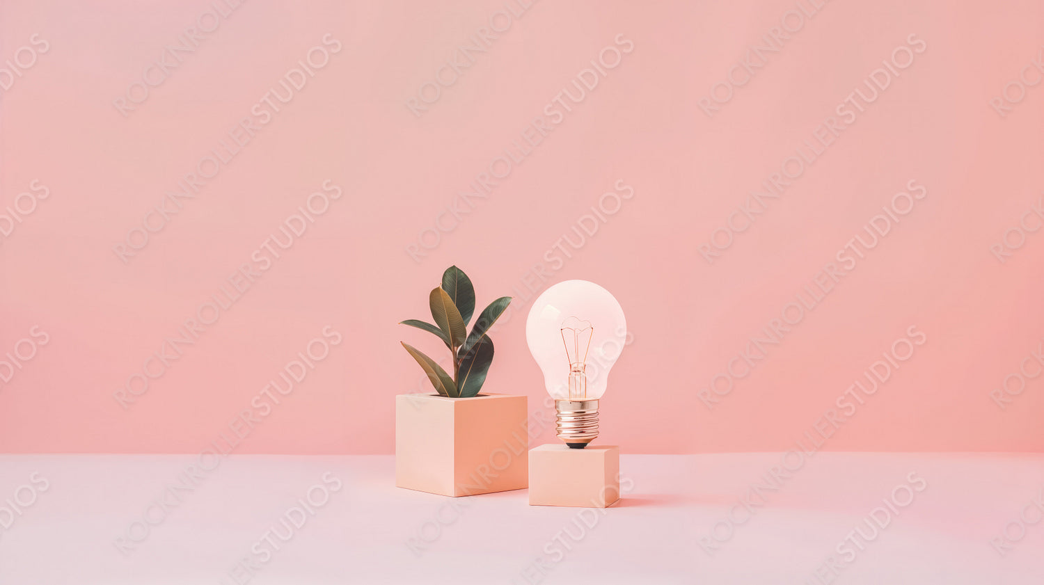 Creative Innovation Concept with Light Bulb and Plant in Minimalist Pastel Setting