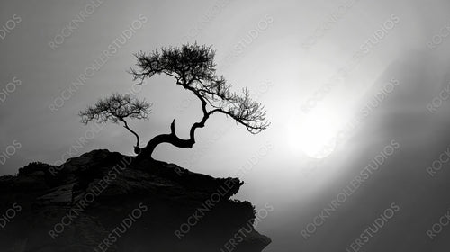 Silhouette of Bonsai Tree at Sunset - Tranquil, Serene Landscape