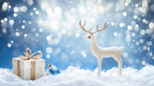 White Reindeer Figurine Standing in Snowy Landscape with Blue Snowflakes and Present