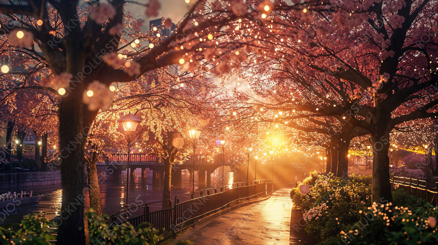 Magical Spring Evening with Flowering Trees and Twinkling Lights
