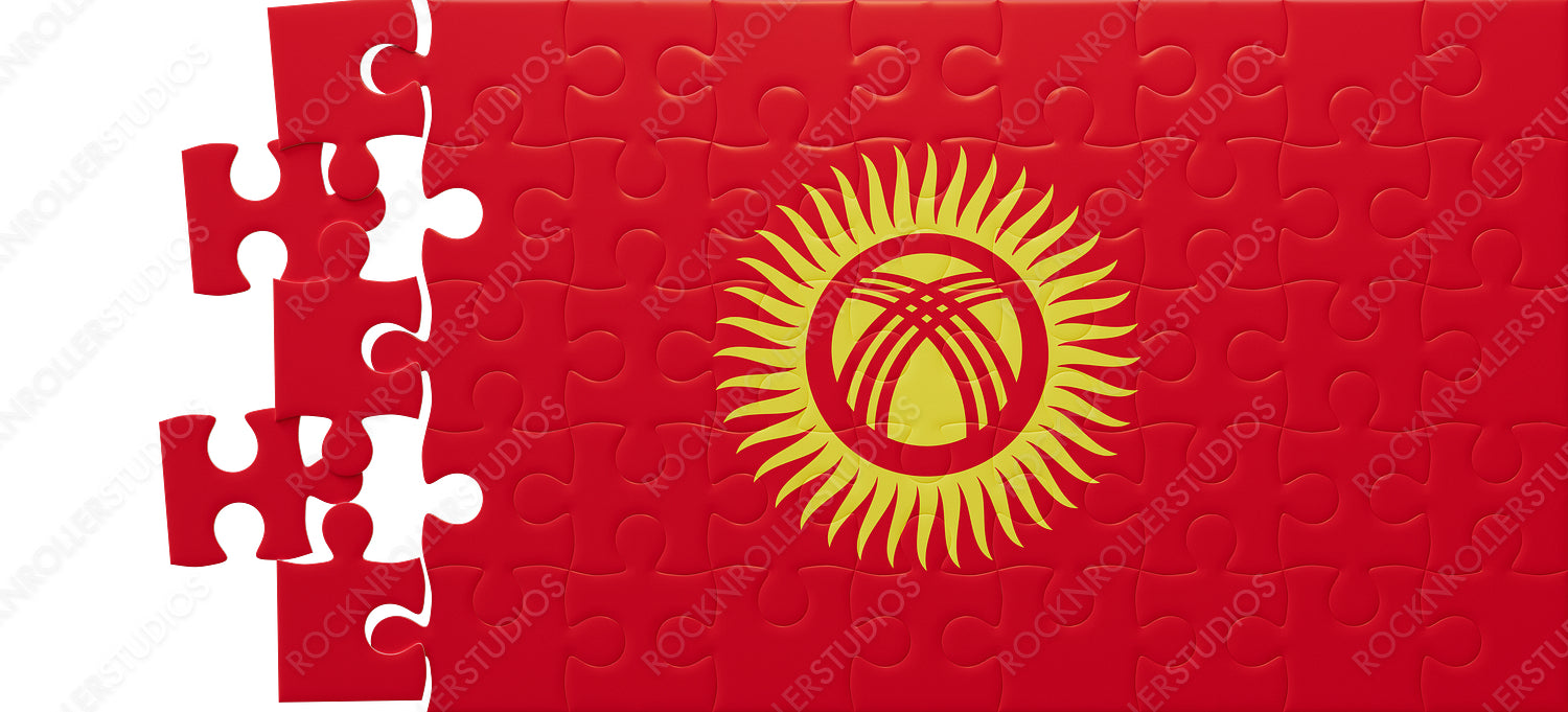 Creative Jigsaw Puzzle of Kyrgyzstan Flag Featuring Yurt Symbol, Incomplete on Red and Yellow Background