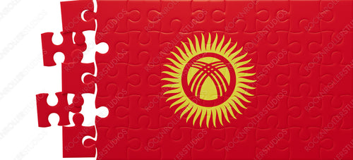 Creative Jigsaw Puzzle of Kyrgyzstan Flag Featuring Yurt Symbol, Incomplete on Red and Yellow Background