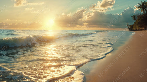 Golden Sunset Bliss: Tranquil Tropical Beach with Serene Waves and Lush Vegetation