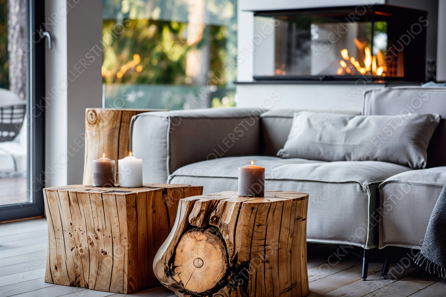 Stylish Blend of Modern and Rustic: Cozy Living Room with Fireplace and Natural View
