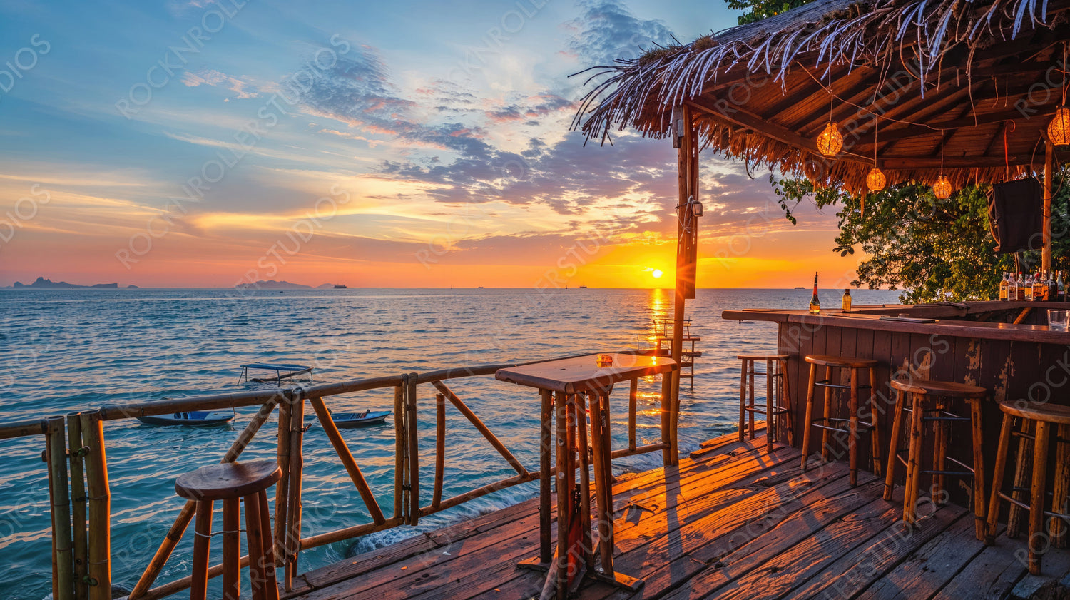 Romantic Sunset Bar by the Ocean, Tropical Beachfront Retreat