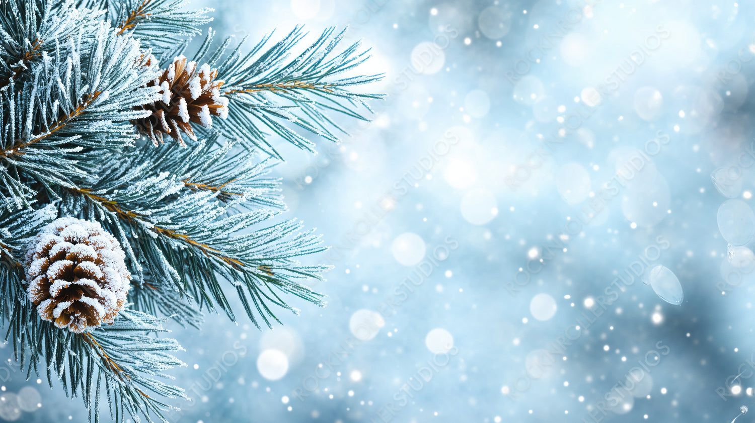 Frost-covered evergreen branch with glowing holiday lights in a serene snowy background