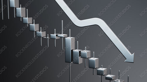 Striking 3D Bear Market Concept with Downward Metallic Arrow and Detailed Candlestick Charts