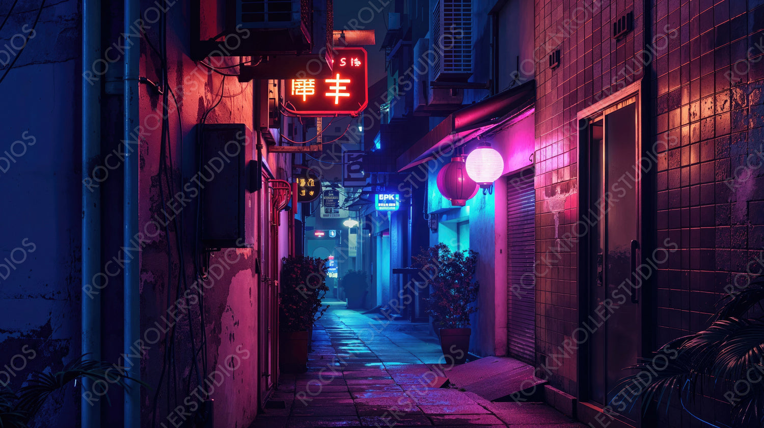 Colorful Neon-Lit Alleyway in Urban Nightscape