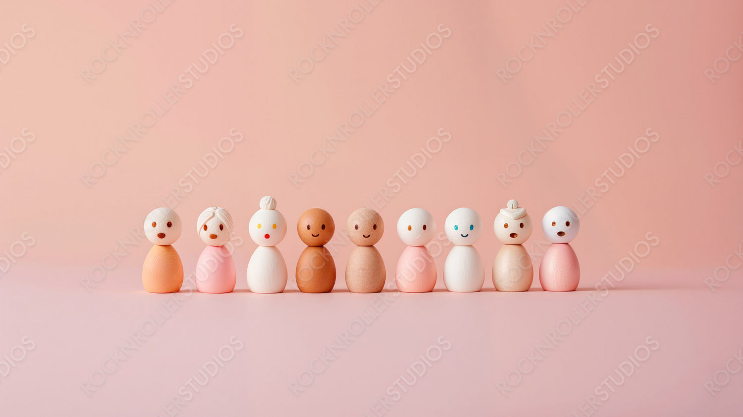 Colorful Wooden Figures Representing Diversity on Pink Background