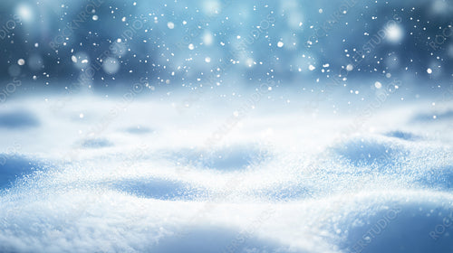 Snow-covered hills and falling snowflakes in a serene winter landscape under a clear blue sky