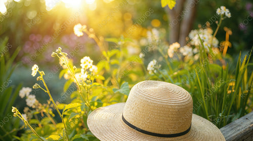 Sunlit Garden with Straw Hat on Wooden Bench