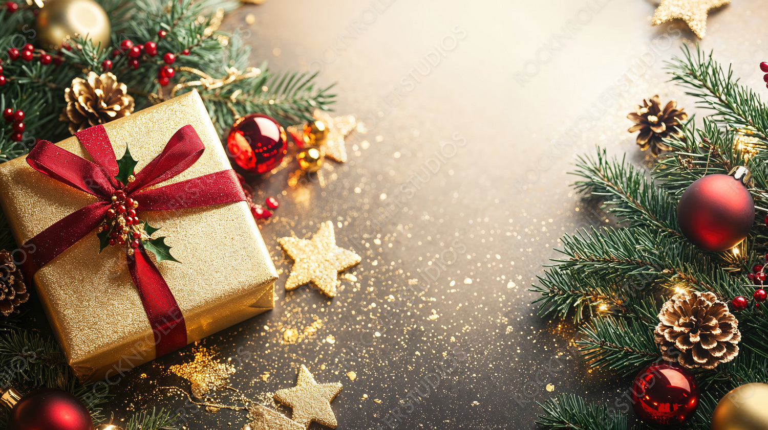 Elegant Christmas Gift Box with Red Ribbon in Festive Pine Garland