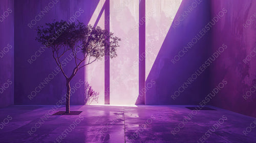 Minimalist purple room with a single tree illuminated by sunlight