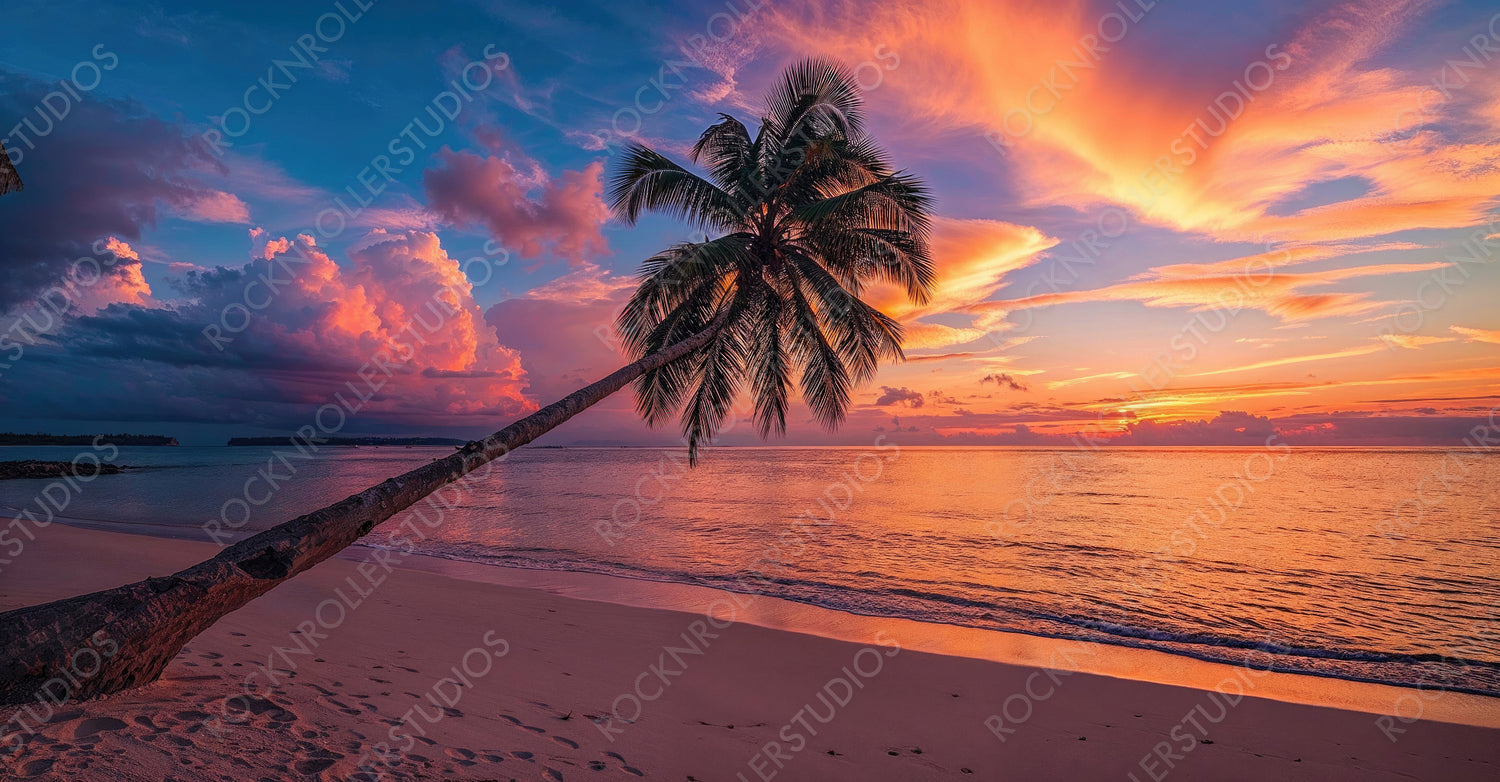 Wanderlust background with Colourful Sunrise Beach in the Maldives. Tranquil Honeymoon Resort.